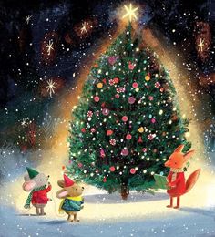 a painting of two animals standing in front of a christmas tree with lights on it