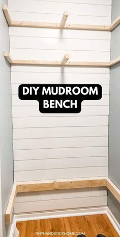 the diy mudroom bench is made from wood and has black lettering on it