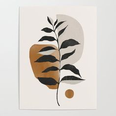 an abstract painting with leaves and a half moon in the background on a white wall