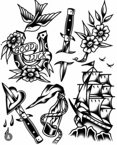 some tattoos with flowers and ships on them