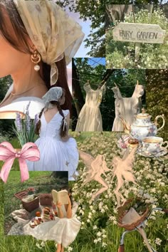 a collage of photos with different things in the grass and flowers, including dresses