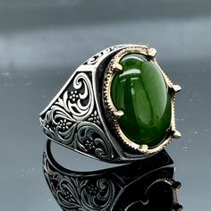 Silver Green Jade Stone Ring, Mens Jade Stone Ring, Handmade Green Jade Ring, Men Silver Jade Ring, Ottoman Style Ring, 925k Sterling Silver ★Item Details * Gender : Male / Female * Material : 925K Sterling Silver * Total weight :  14 Grams * Gemstone : Jade  Stone ✔ Ready to Ship in 1-2 Business Days .. ✔ Shipped to the Worldwide 1-5 business days with free shipping... ✔ The product will be sent to you with a handmade wooden box to avoid any damage during shipping... ✔ Visit our store, browse o Jade Ring Men, Jade Ring For Men, Formal Silver Jade Ring, Silver Jade Ring Jewelry, Classic Silver Jade Ring, Luxury Silver Jade Ring, Ring Men Silver, Green Jade Ring, Hand-strung Green Jade Jewelry