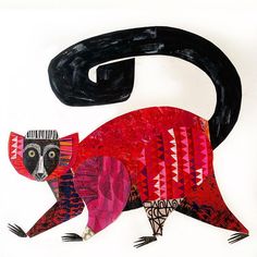 a painting of a red and black animal on a white background with the letter c in it's upper corner