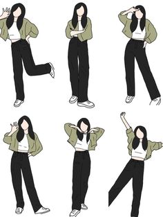 various poses of a woman in black pants