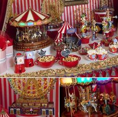 a carnival themed dessert table with popcorn, candy and candies on it's sides