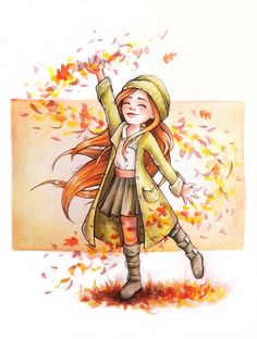 a drawing of a girl with long red hair wearing a yellow coat and green hat