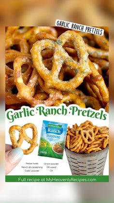 a basket full of homemade ranch pretzels next to a box of ranch seasoning