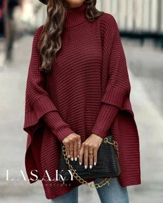 Lasaky - Versatile and Stylish High Neck Knit Poncho Sweater Poncho Pullover, Knit Poncho Sweater, Coachella Dress, Sweater Fabric, Knit Poncho, Fringed Poncho, Knitted Poncho, Poncho Sweater, Sweater Material