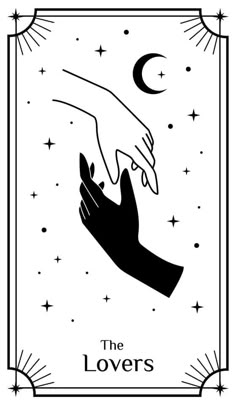 the lovers tarot card with two hands reaching for each other in front of stars