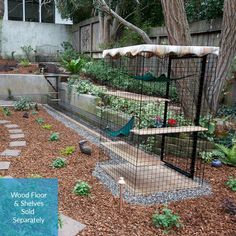 a bird cage in the middle of a garden with plants and rocks around it,