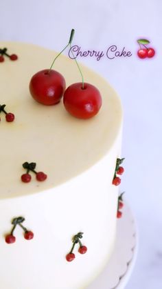 two cherries sitting on top of a white cake