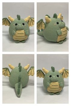 crocheted green dragon stuffed animal with four different angles to show the front, back and side views