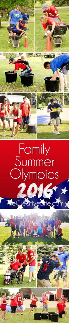 the family summer olympics flyer is shown in red, white and blue with images of people doing