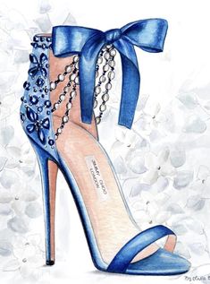 a drawing of a blue high heeled shoe with chains on the ankle and an open toe