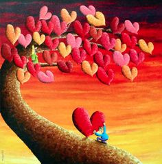 a painting of two people sitting on a tree with hearts in the shape of heart shapes