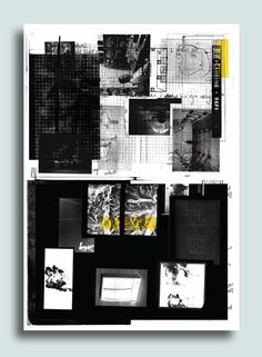 black and white collage with yellow accents