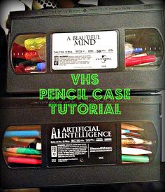 the vhs case is full of pens and pencils