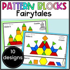 the pattern blocks fairytales book is shown in three different colors and sizes, with text