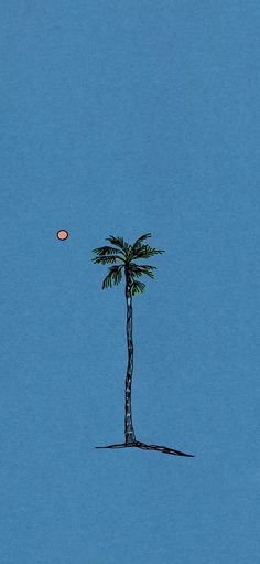 a drawing of a palm tree with a frisbee in the sky behind it