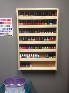 Nail polish rack Nail Polish Shelves Diy, Nail Polish Storage Shelf, Porta Esmaltes Ideas, Diy Storage Unit, Homemade Nail Polish Wall Rack, Nail Rack, Nail Polish Shelf Walmart, Nail Polish Shelf