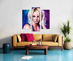 a woman with blonde hair and blue eyes split canvas print on wall in living room