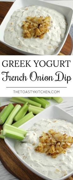 greek yogurt french onion dip with celery on the side