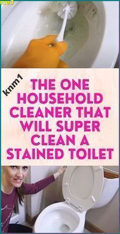 a woman is cleaning a toilet with a yellow plunger and pink text that reads, the one household cleaner that will super clean a stained toilet