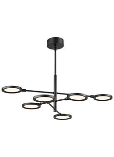 a black chandelier with five lights hanging from it's center, and four circular