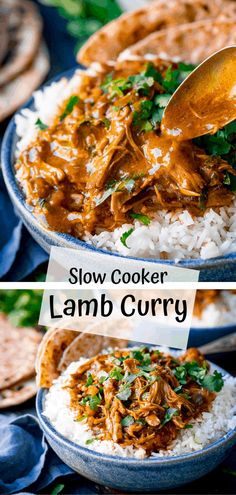 slow cooker lamb curry with white rice and garnished with cilantro