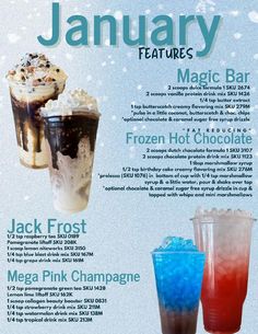 an advertisement with three different drinks on the front and one in the back that says january features magic bar, frozen hot chocolate, mega pink champagne