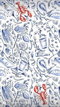 a blue and white wallpaper with red crabs, lobsters, seaweed and other marine creatures