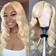 #wigs. Blonde Body Wave Lace Frontal 100% Brazilian Virgin Human Hair Wig With Pre-Plucked Baby Hair. Check here for more details about cap size, wig length, available colors, and other features. Best Lace Wigs, Blonde Body Wave, Wig Styling, Blonde Waves, Virgin Hair Wigs