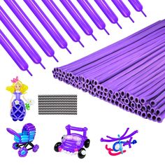 purple plastic tubes and toys are on display