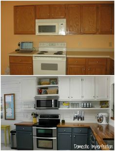 before and after pictures of a kitchen remodel with white cabinets, stainless steel appliances and wood counter tops