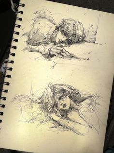 two drawings of people laying on the ground