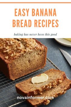 two slices of banana bread sitting on top of a cooling rack