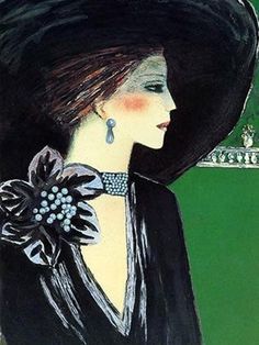 a painting of a woman wearing a large black hat with flowers on it's neck