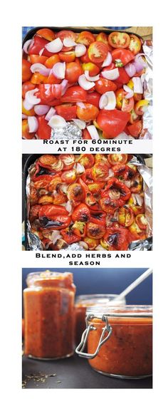 two pictures showing different types of food in the same pans and one with tomatoes on it