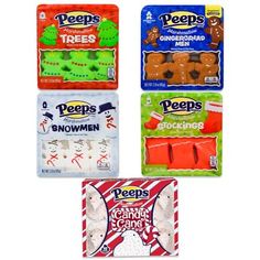 four bags of peeps gummy bears are shown in three different colors and flavors