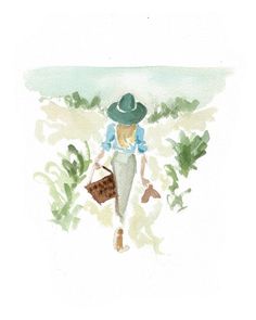 a watercolor painting of a woman walking in the grass with a hat on her head