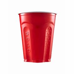 a red plastic cup that is on a white background