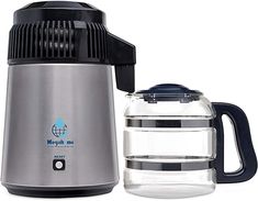 a stainless steel coffee maker next to a glass carafe with the lid open and water in it