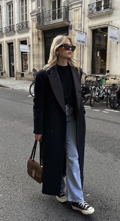 @marine_diet // long coat @sandroparis bag @demellierlondon and @converse Jeans And Long Coat Outfit, Long Coat Black Outfit, Black Coat Spring Outfit, Converse And Coat Outfit, Long Coat And Jeans Outfit, Fall Outfit Long Coat, Jean And Coat Outfit, Jeans With Coat Outfit, Dress And Converse Outfit Aesthetic