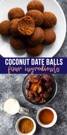 coconut date balls are served with yogurt and raisins