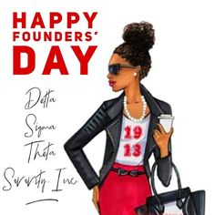 a woman in red skirt and black jacket holding a coffee cup with the words happy founder's day written on it