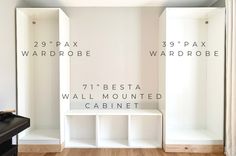 the wall mounted cabinet is labeled with measurements for each space in the room, and has three separate shelves