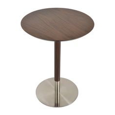 a round wooden table with metal base on an isolated white background for use in any room