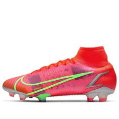 the nike meron fg soccer shoe is shown in bright pink and neon green