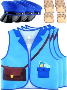 four pieces of blue clothing with matching hats and gloves on top of each other, including an oven mitt