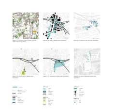 four maps showing different areas in the same area, including buildings and streets with blue lines